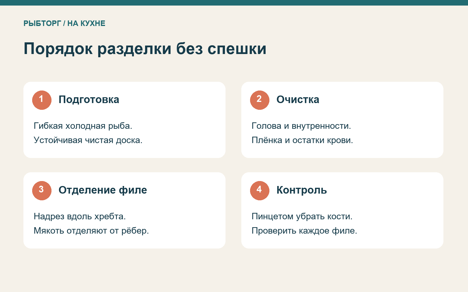 Четыре этапа: подготовка, очистка тушки, отделение филе и контроль костей